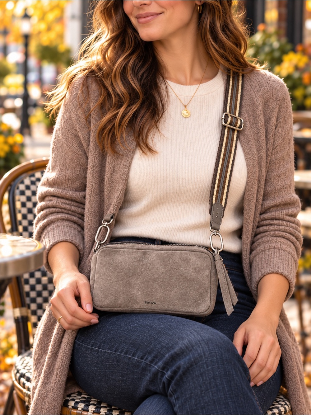 The Sak Gray Taupe Suede Crossbody Bag Striped Adjustable Strap